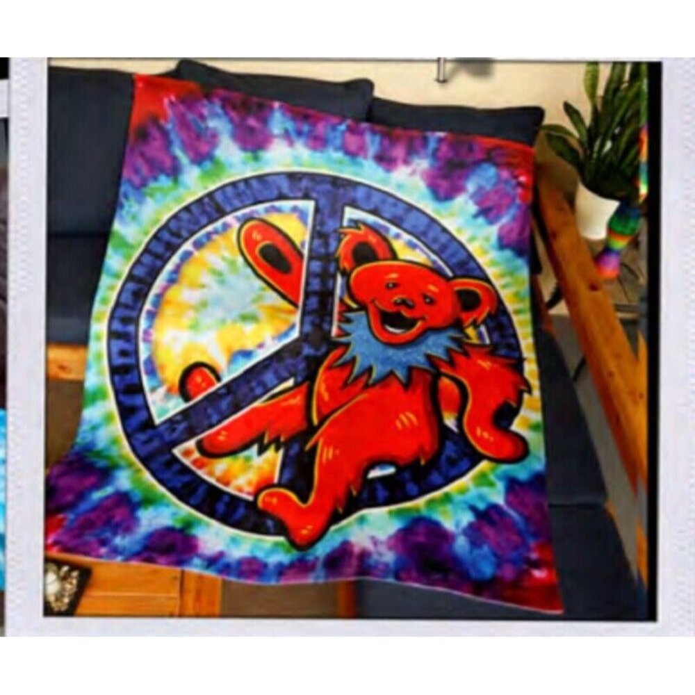 New Grateful Dead Peace Sign Bear Plush Throw Gift Blanket Fleece Tie Dye Bears